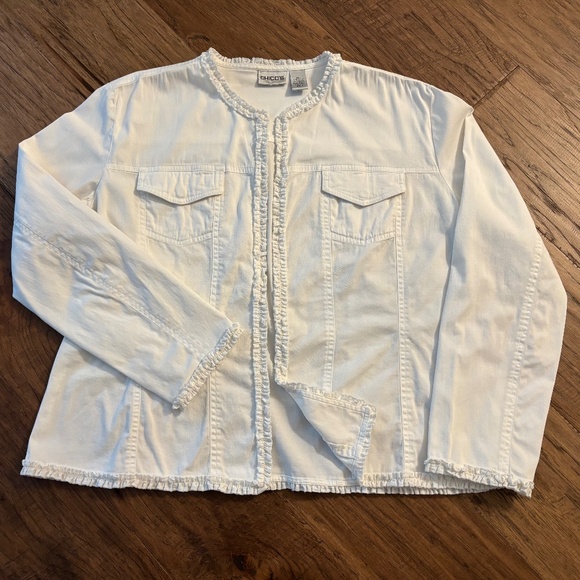 Chico's Jackets & Blazers - Chico's Size 2 White Open Front Ruffle Trim Cotton Casual Jacket Women's Size 12